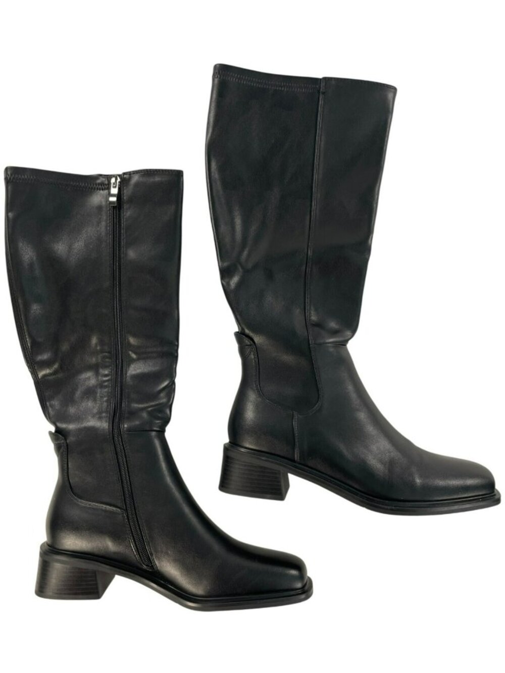 QIY Knee High Black Leather Riding Boots Block Side Zipper Women's Size 9 NEW